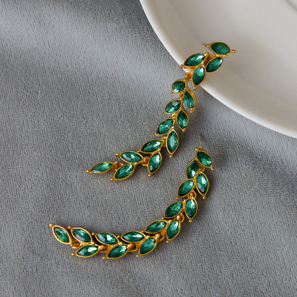 Micro-inlaid Green Zircon Wheat Earrings With A Personalized Long Tassel Design