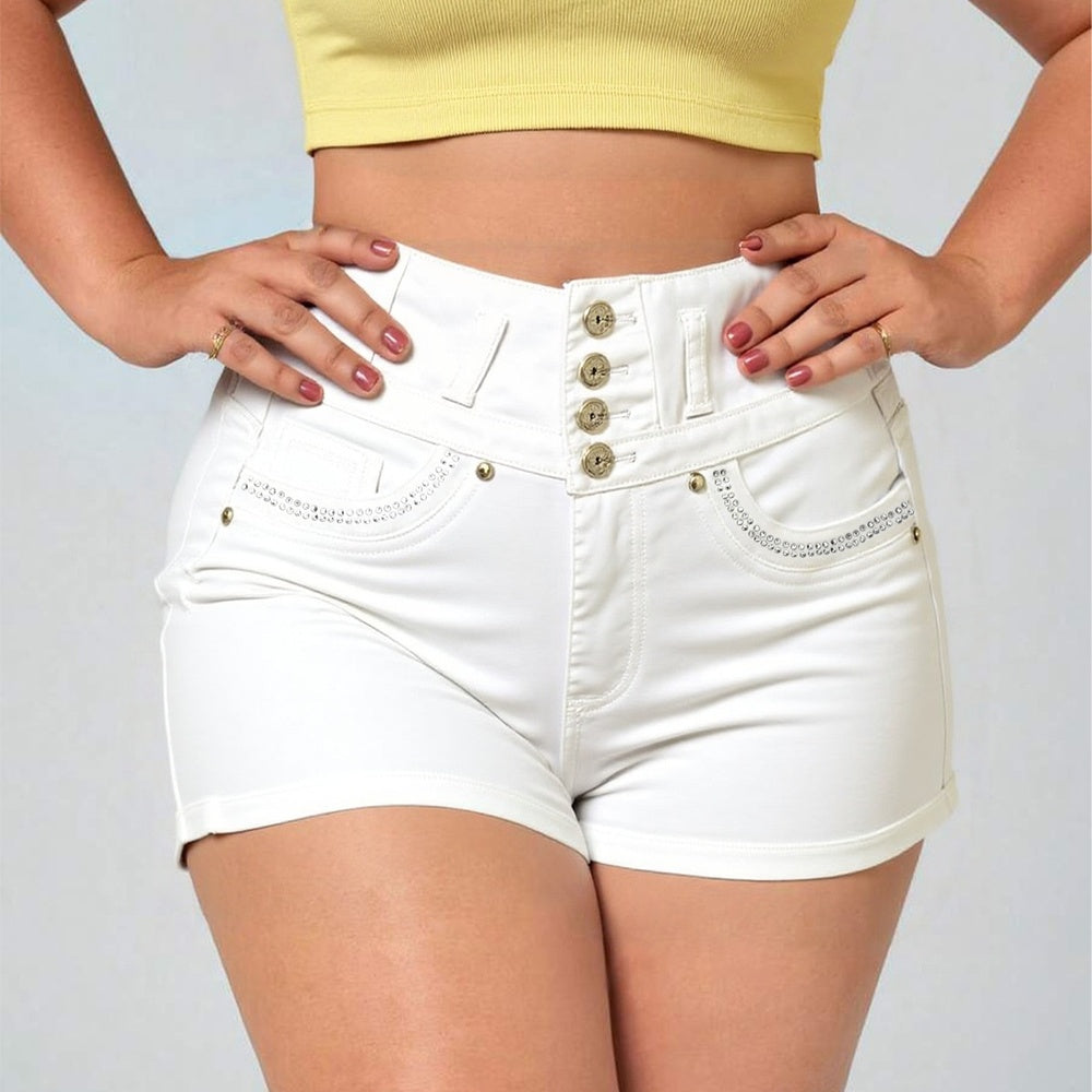 White High Waist Button Shorts Slim Fit Stretch Denim Bling Pocket Hot Girl Summer Look Club Chic Curve Flattering Pants For Women Forbidden Platform - Temu