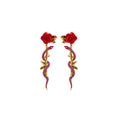 Vintage Big Red Rose Wrap Diamond Snake Body Earrings
