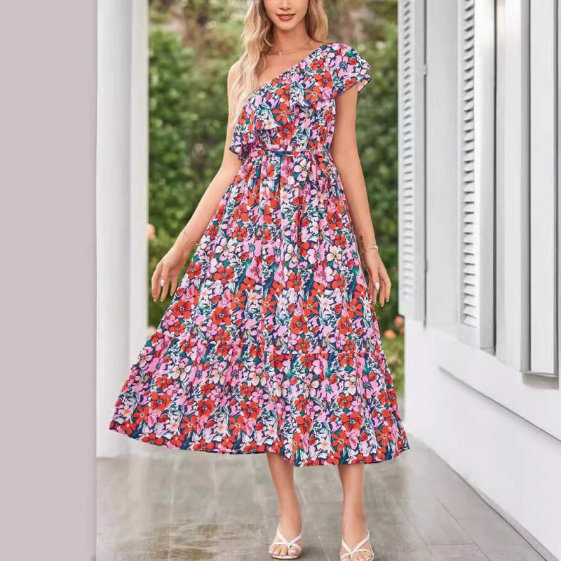 Womens Ruffle-Trimmed Strapped Off-the-Shoulder Printed Dress