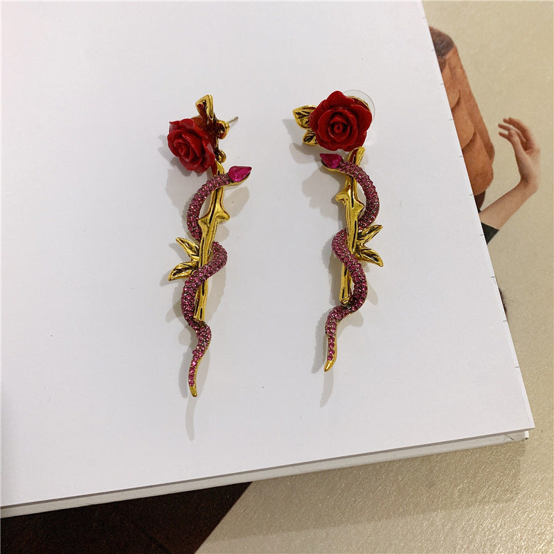 Vintage Big Red Rose Wrap Diamond Snake Body Earrings