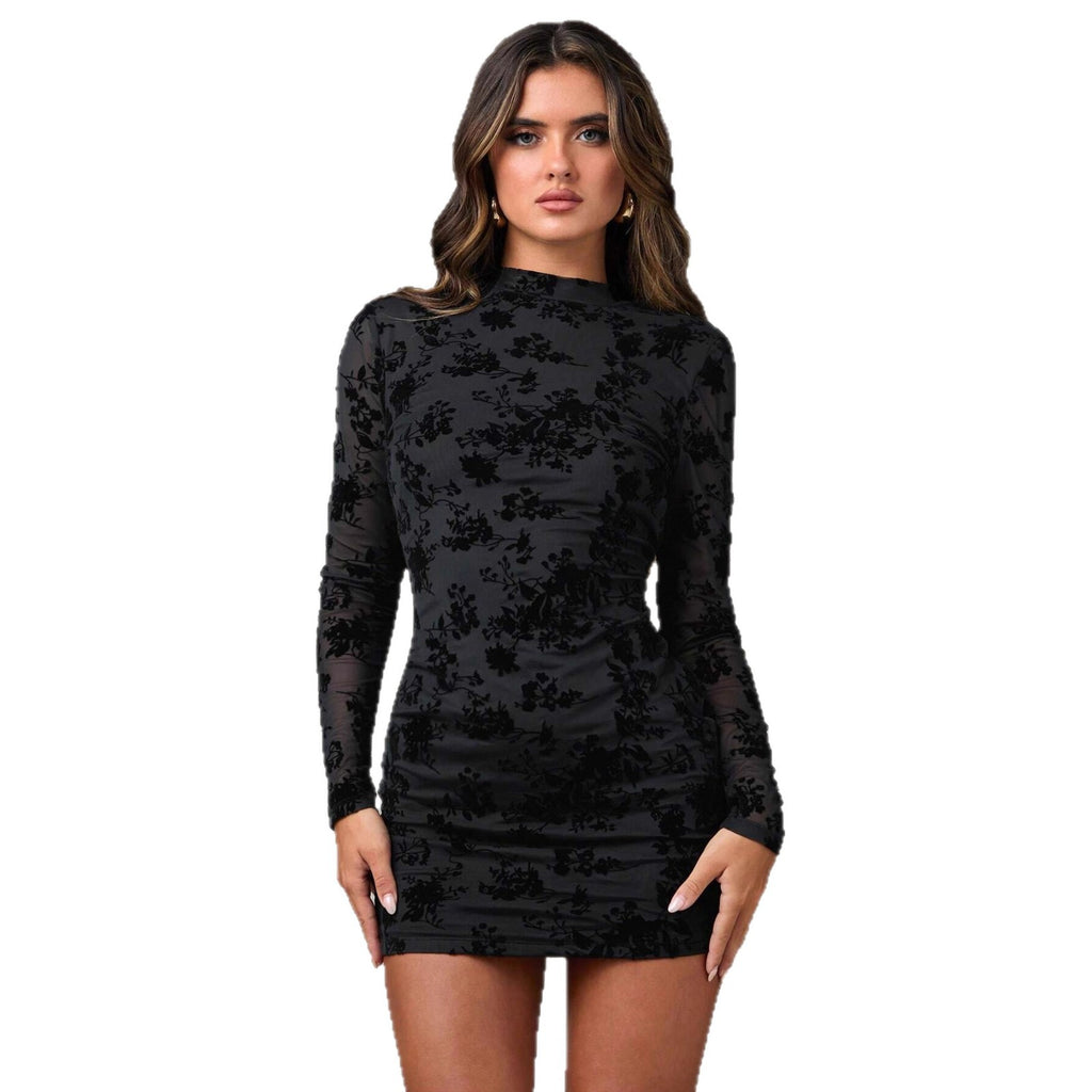 Hollow-out Flocking Sheath Slim Dress For Women