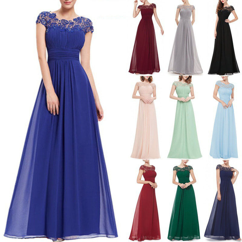 Women Elegant Dress Ladies Lace Flower Backless Solid Color Evening Party Long Maxi Dress