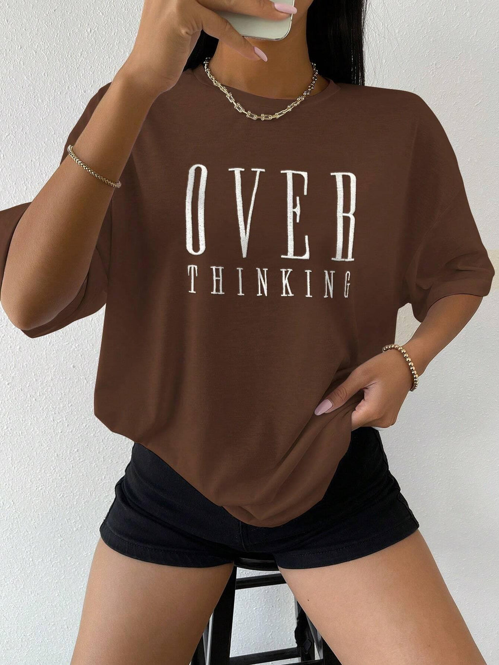 Over Thinking Letter Print Women Cotton Short Sleeve Breatha