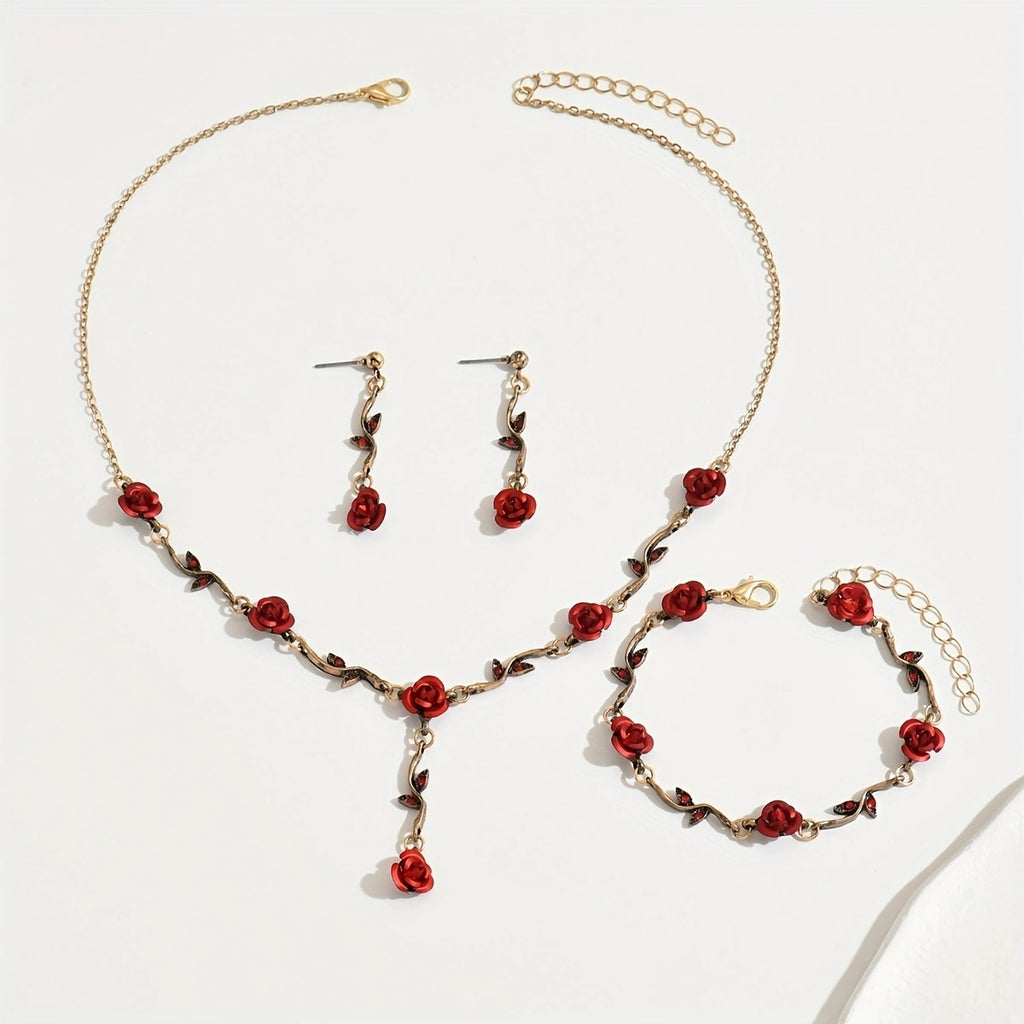 Lxalry Romantic Red Rose Jewelry Set, Handmade Electroplated Necklace Bracelet & Earrings Trio, Bridal Gift For Wedding Elegance & Everyday Romance
