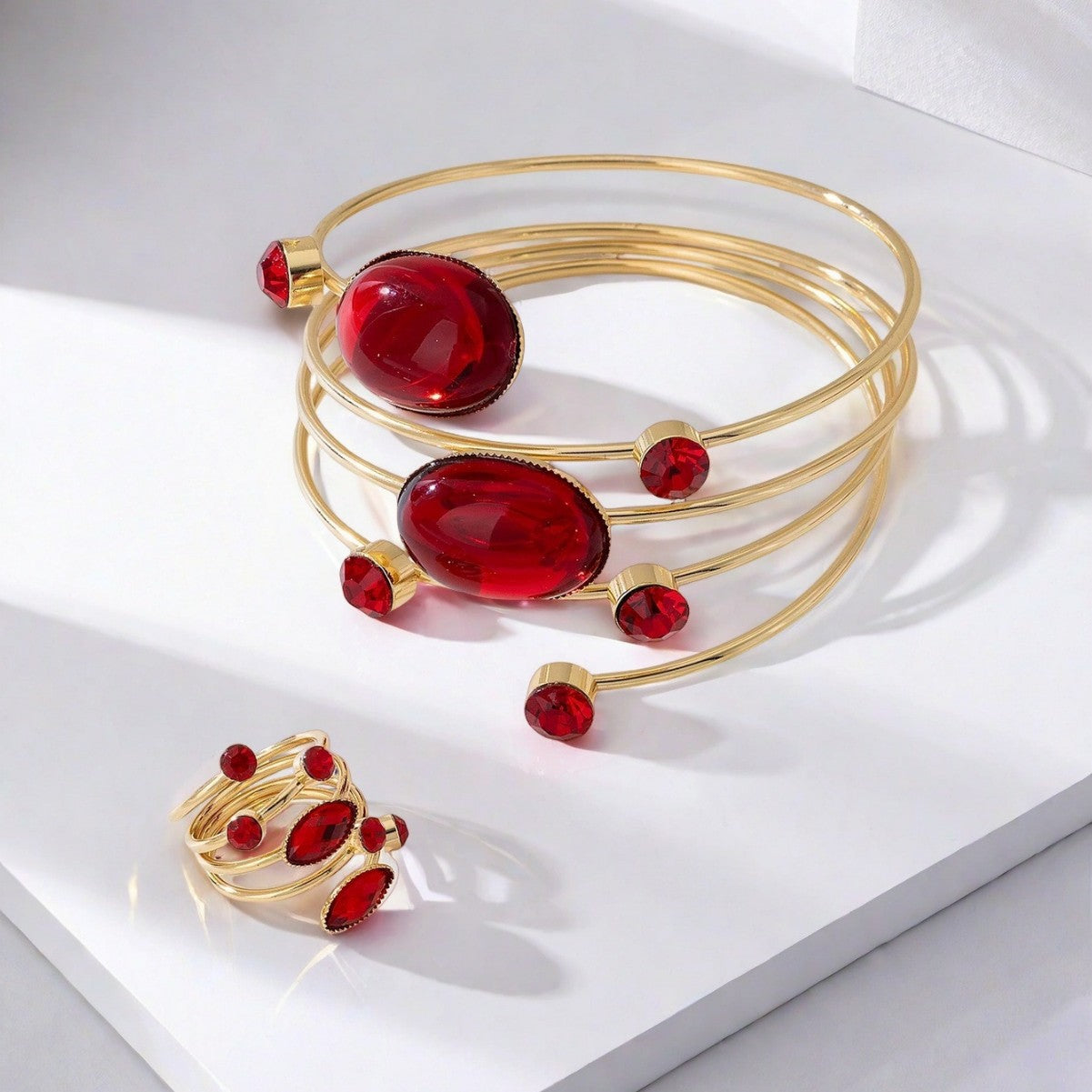 French Gem Rhinestone Round Line Winding Geometric Bracelet & Ring Set Adjustable Opening