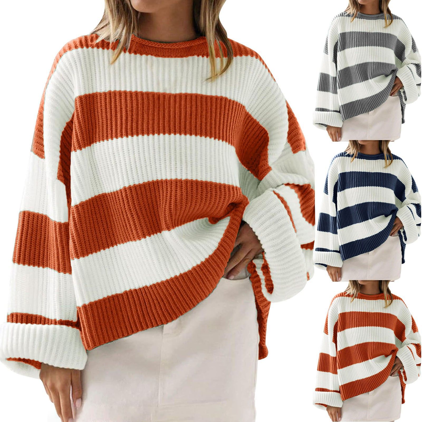 Loose Striped Sweater Fashion Casual Long Batwing Sleeve Round Neck Pullover Knit Tops Women Clothing