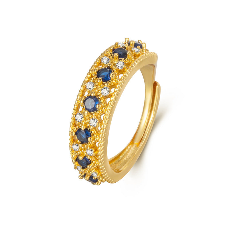 Womens Vintage Hollowed-Out Color-Diamond Open Ring