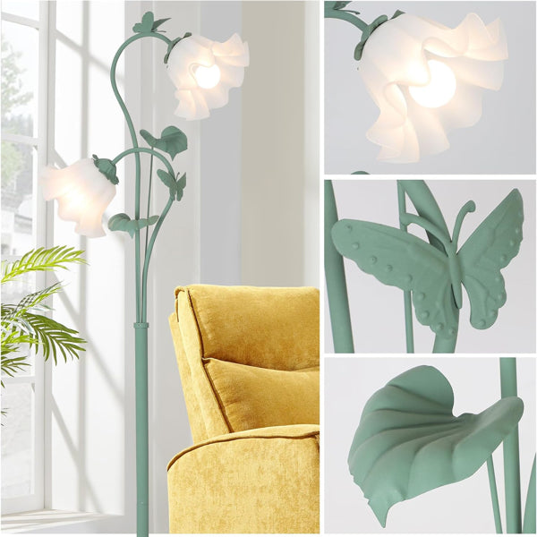 Flower Floor Lamp For Living Room, Vintage Floor Lamp With 2 LED 5W Blubs, Foot Switch, Green Standing Lamp With Acrylic Shade, Unique Floral Tall Lamp For Living Room Bedroom Corner Office