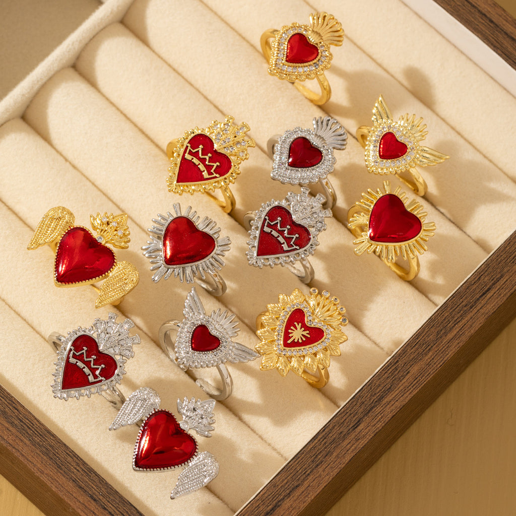 Red Heart-Shaped Oil-Drip Wing Ring