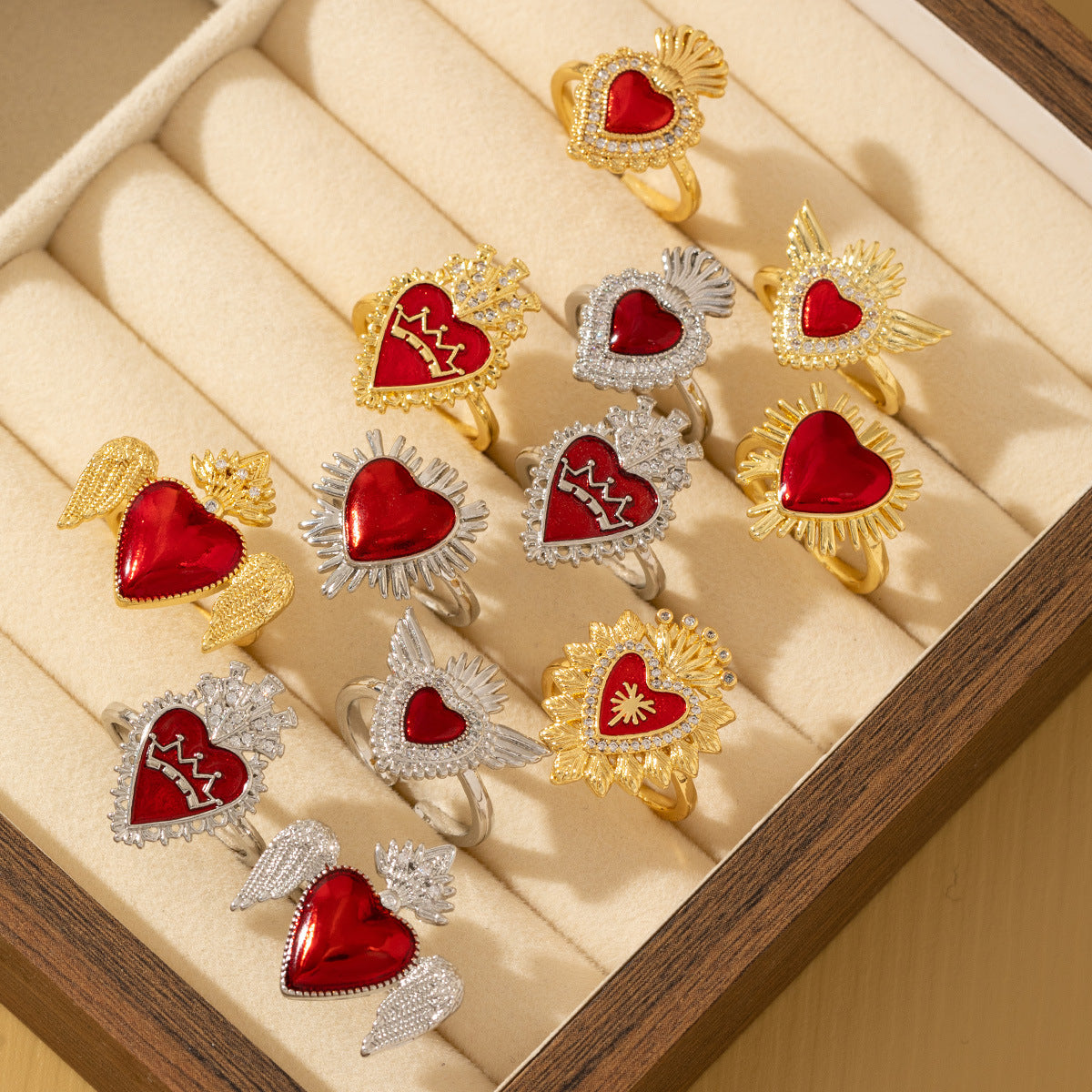 Red Heart-Shaped Oil-Drip Wing Ring