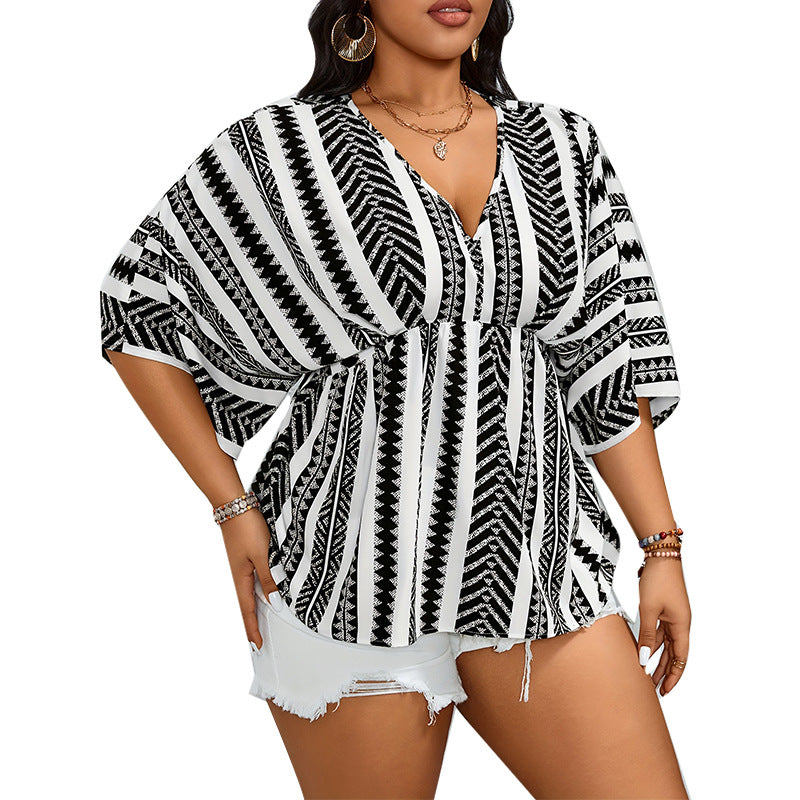 Deep V-neck Short Sleeve Pullover Women