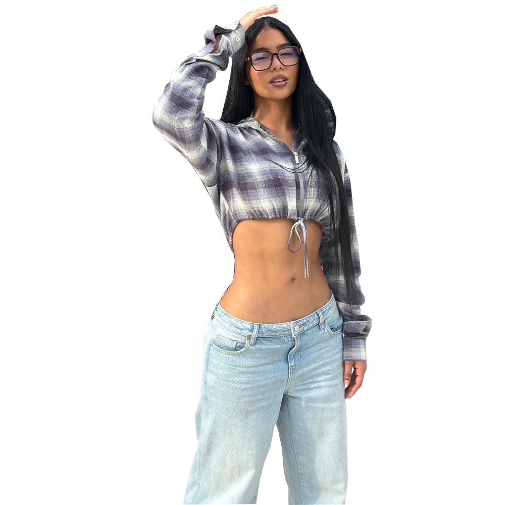 Women's Plaid Long Sleeve Hooded Short Jacket Women