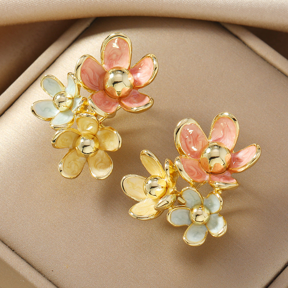 1 Pair Alloy Enamel Cluster Flower Earrings, Colorful Floral Statement Studs For Women, Trendy Party & Daily Jewelry