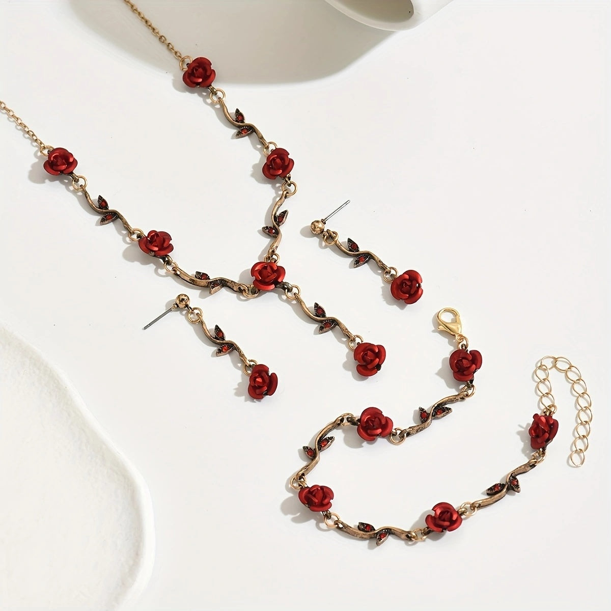 Lxalry Romantic Red Rose Jewelry Set, Handmade Electroplated Necklace Bracelet & Earrings Trio, Bridal Gift For Wedding Elegance & Everyday Romance