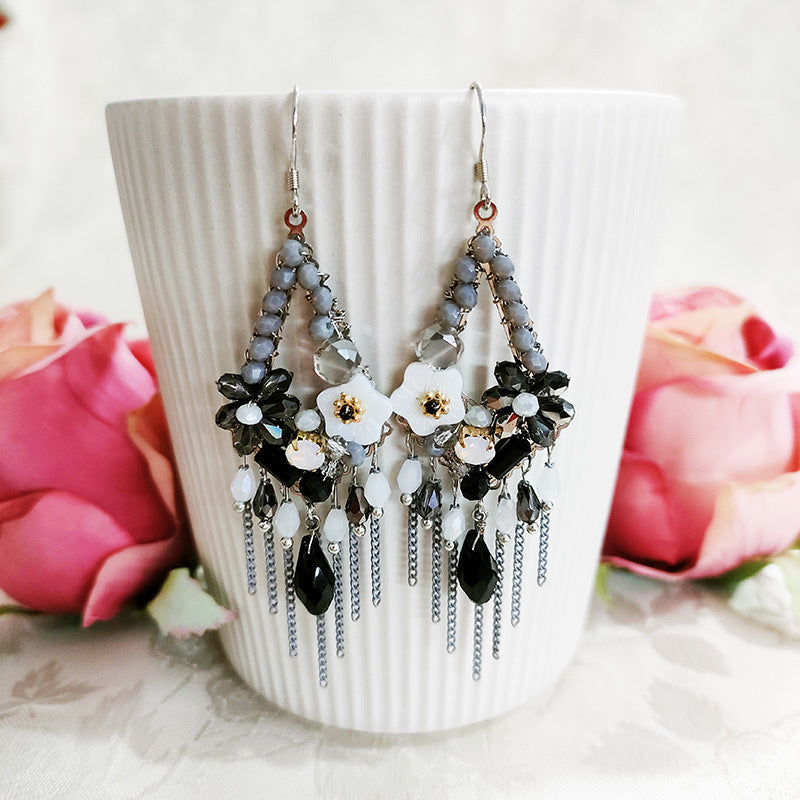 Vintage Tassel Shell Flower Crystal Earrings