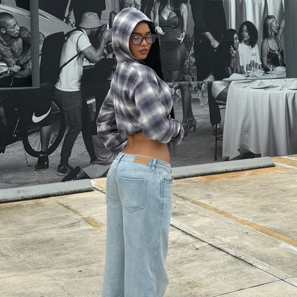 Women's Plaid Long Sleeve Hooded Short Jacket Women