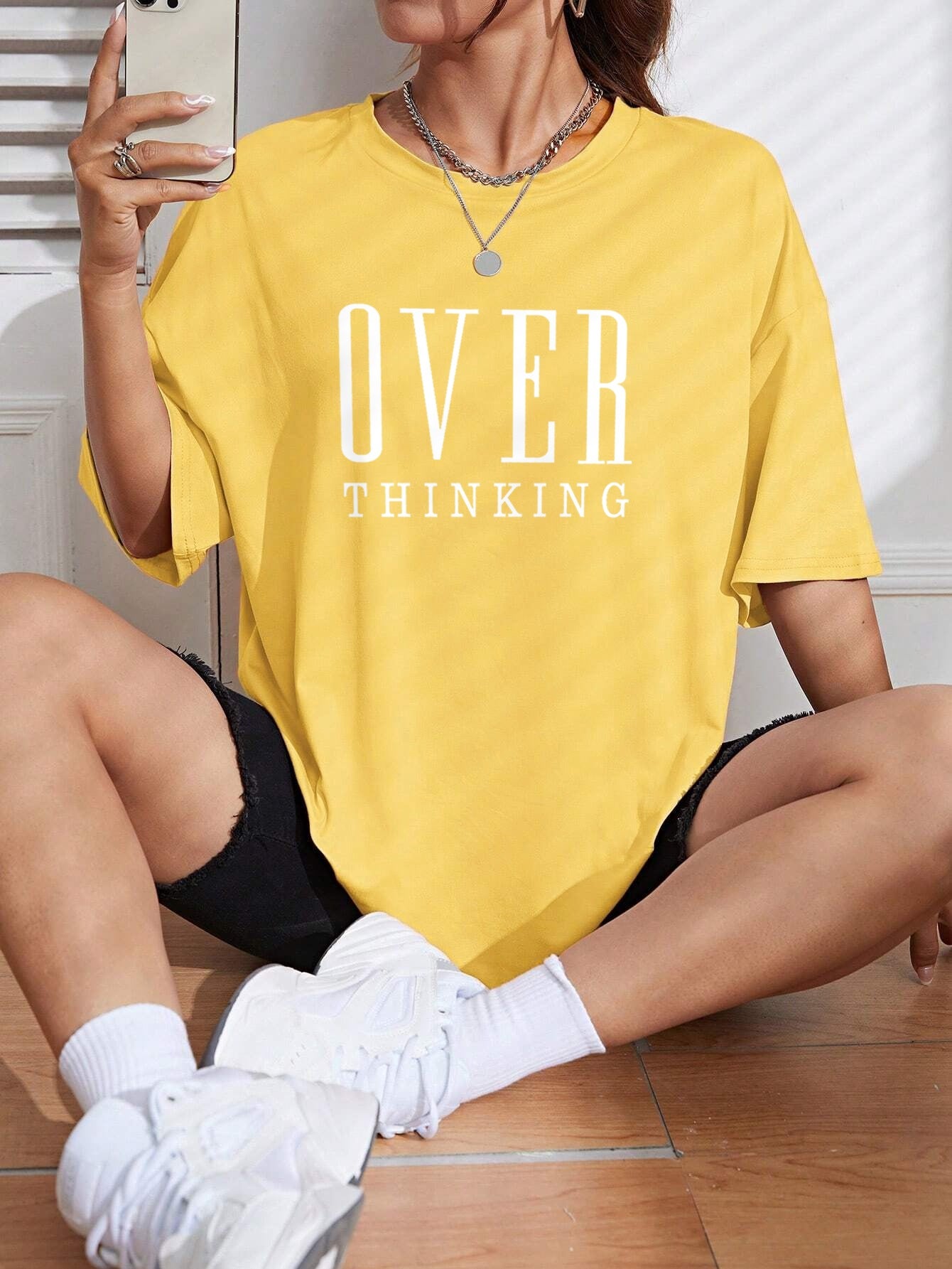 Over Thinking Letter Print Women Cotton Short Sleeve Breatha