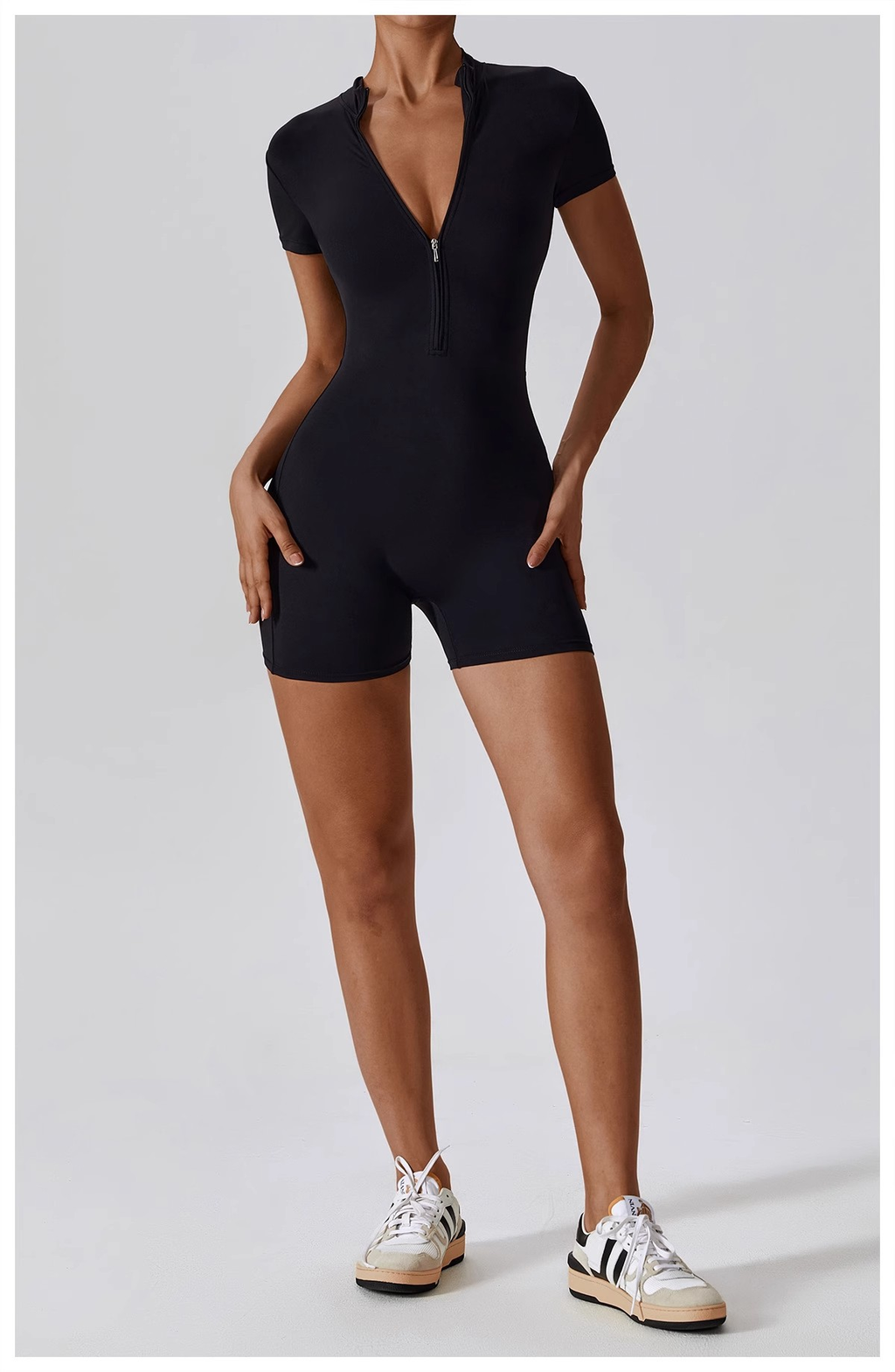 Summer Zip-Up Short Sleeve Shorts Yoga Bodysuit For Women - Dance Workout Form-Fitting One-Piece