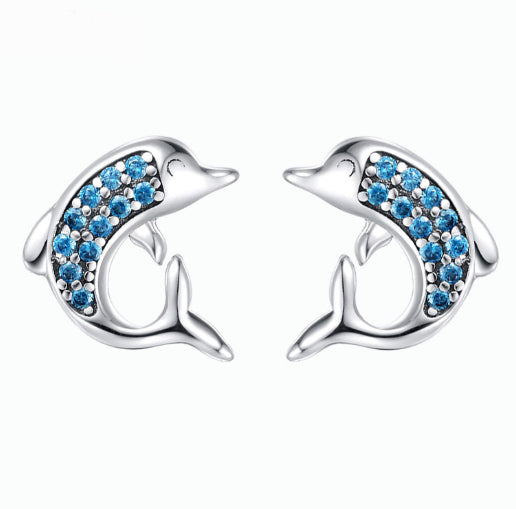 Womens S925 Sterling Silver Cute Dolphin Earrings