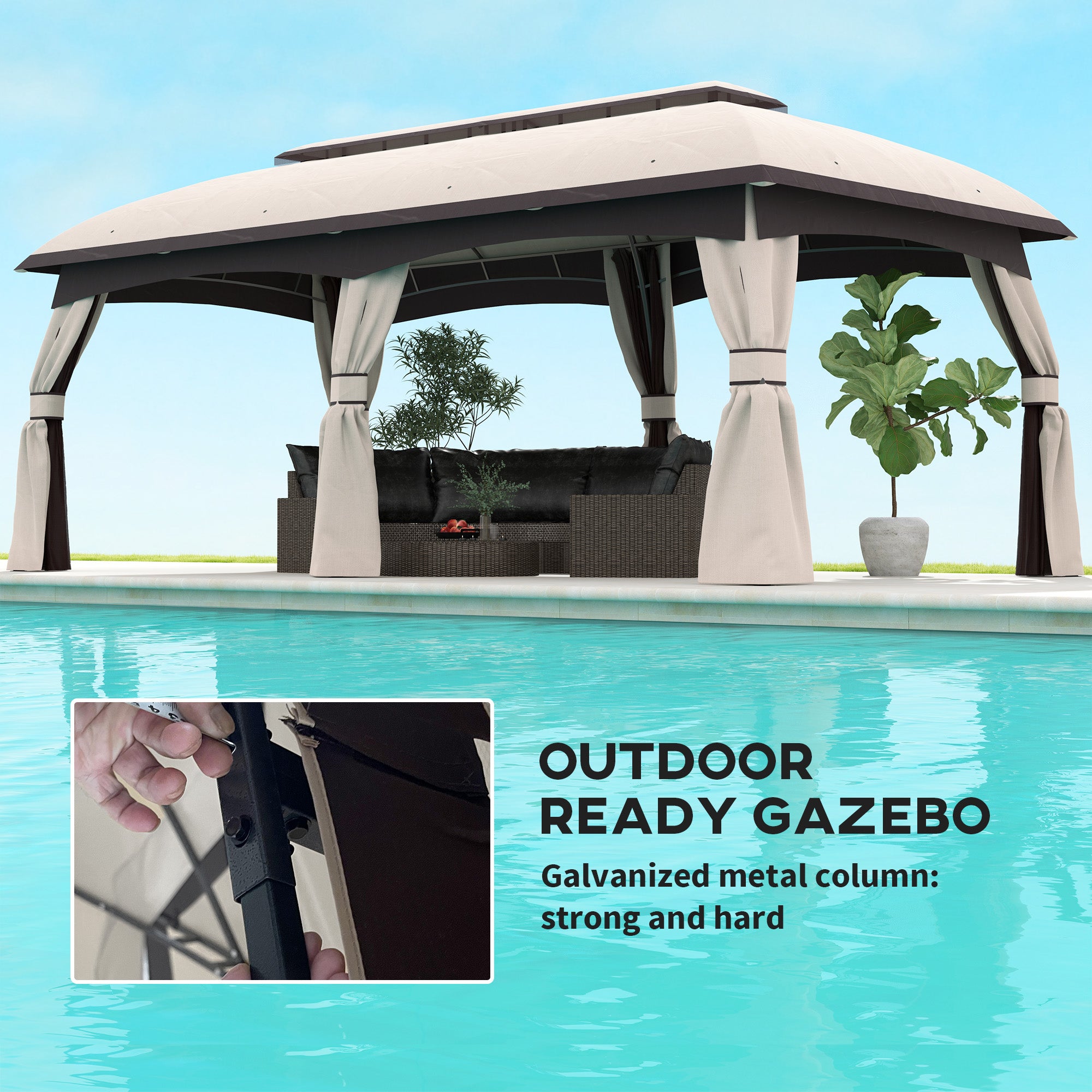10’ x 20’ Patio Gazebo, Outdoor Gazebo Canopy Shelter with Netting, Vented Roof for Garden, Beige