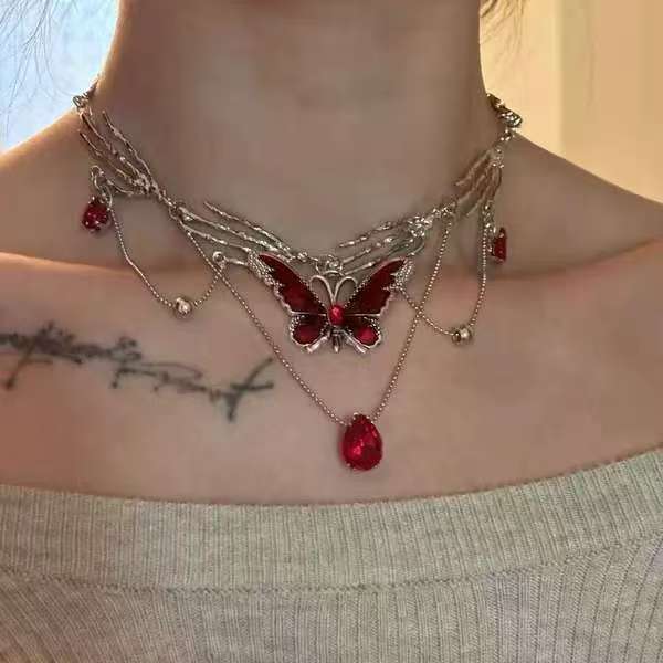 Red Dripped Glaze Butterfly Tassel Multi-Layer Necklace