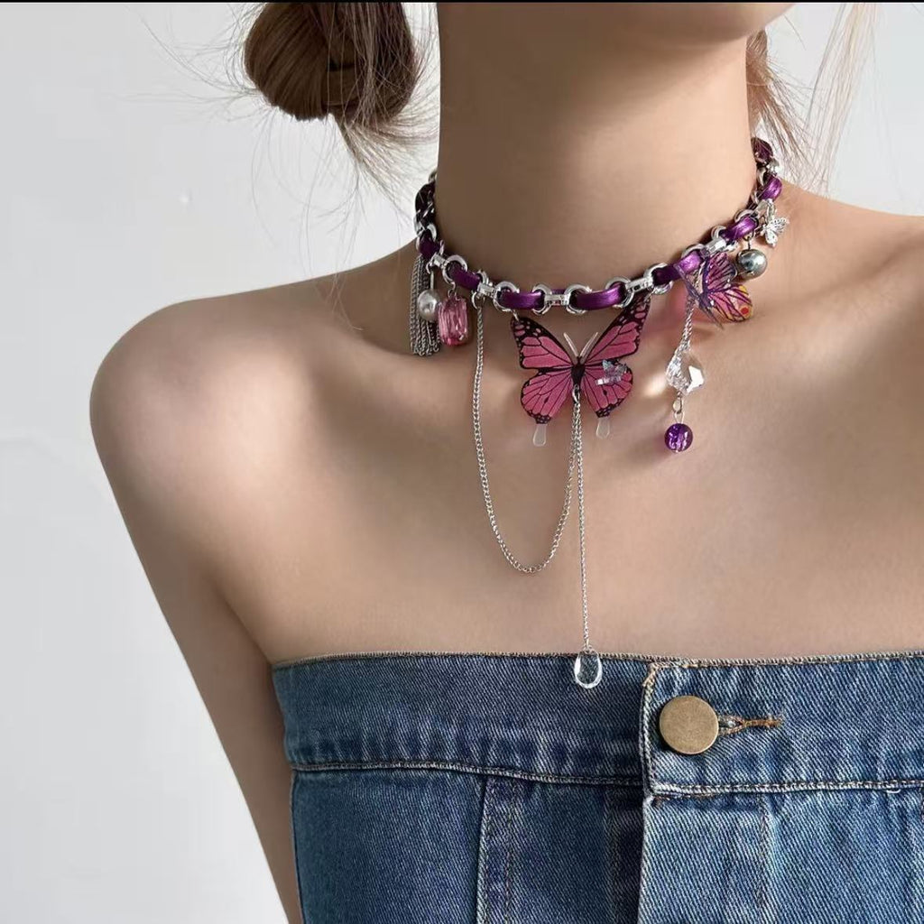Purple Butterfly Pendant Tassel Necklace For Women Intricately Crafted Niche Design