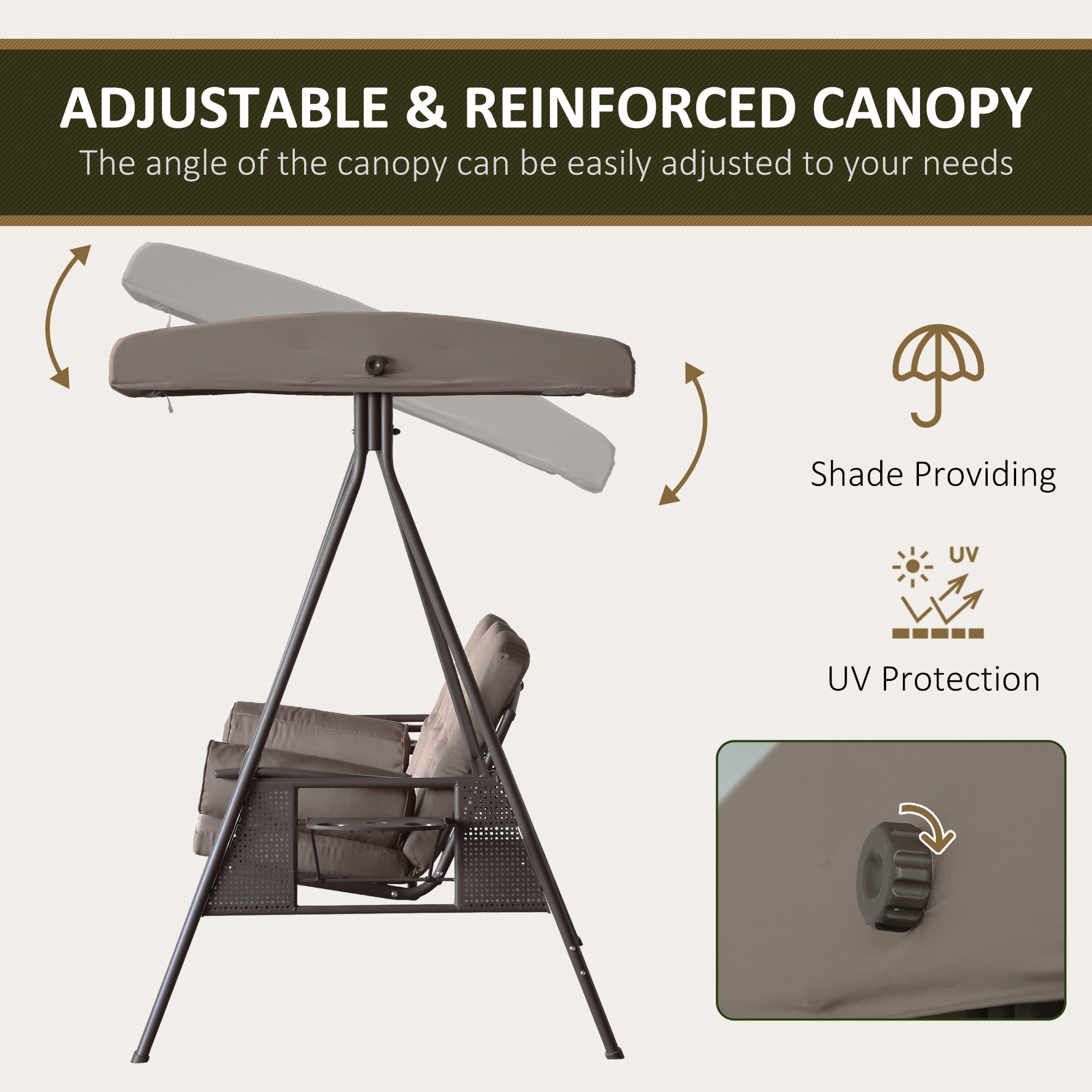 Patio Swing Bench 3-Person Steel Canopy Cushioned With Side Trays Comfortable Brown