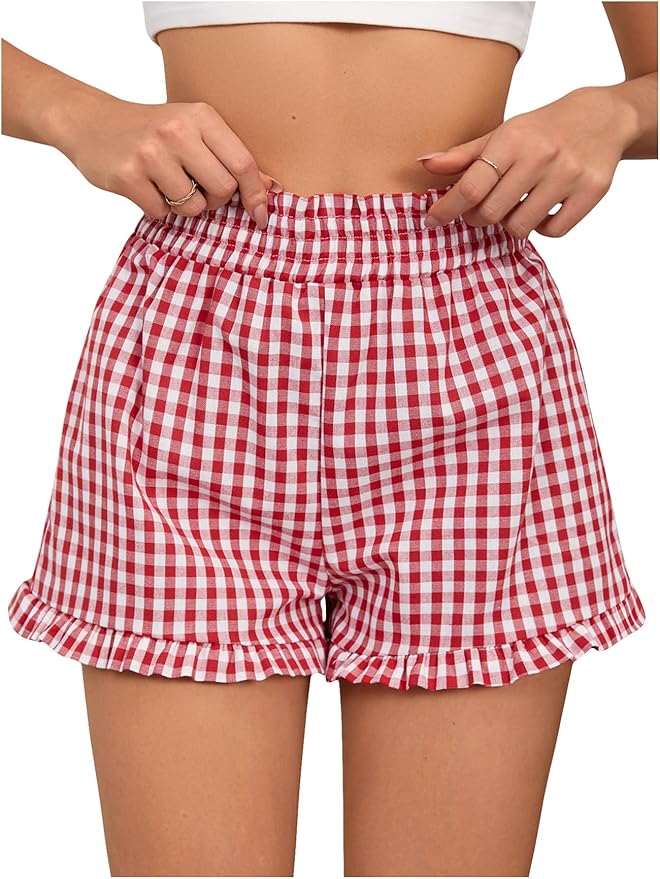 Women's Plaid Print Patched Decor Button Front Elastic Waist Shorts, Casual Comfy Straight Leg Shorts For Summer, Ladies Bottoms For Daily Wear, Women Workout Clothes Womenswear Beach Cottage Shorts