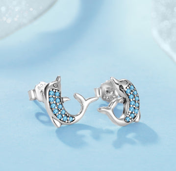 Womens S925 Sterling Silver Cute Dolphin Earrings