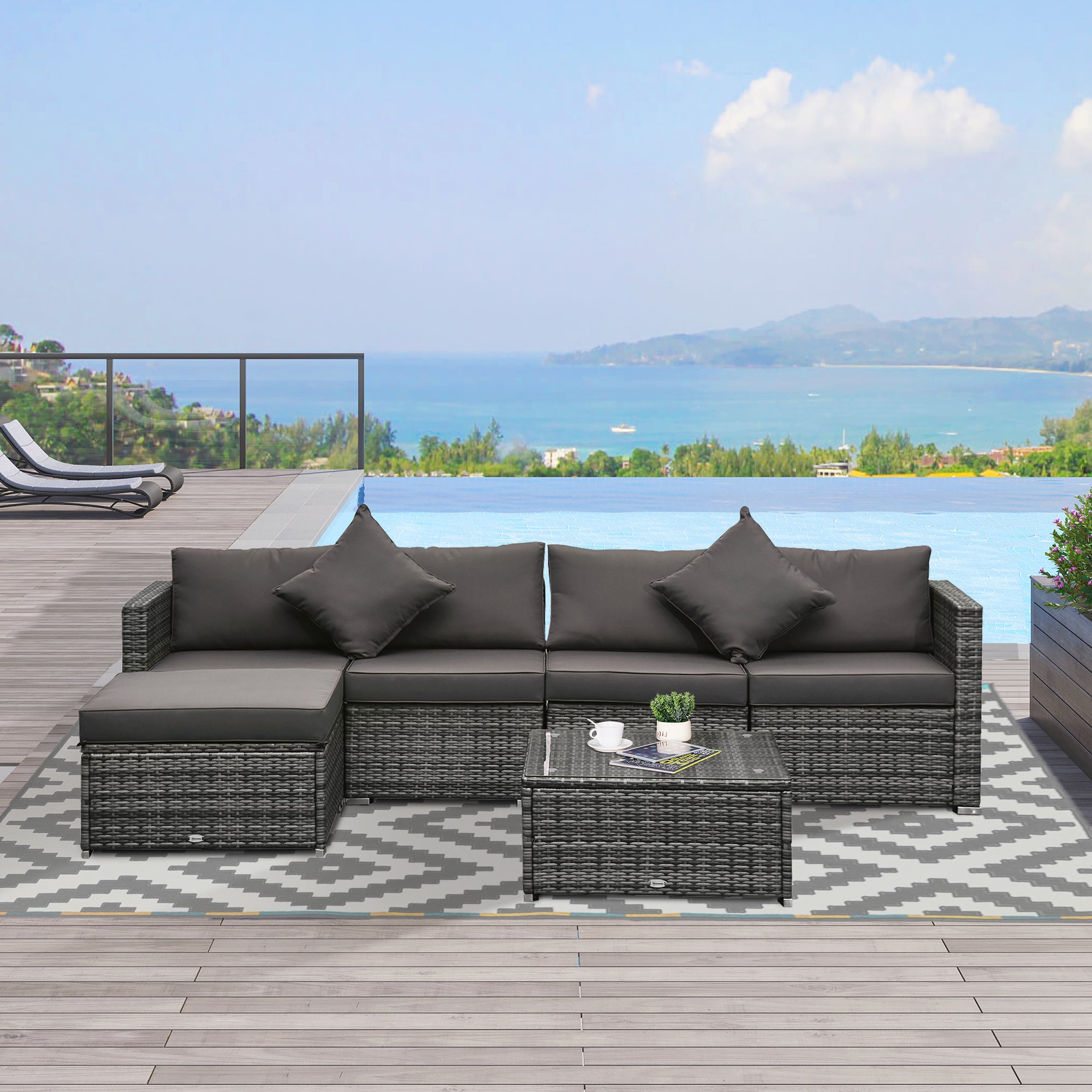 6 Piece Patio Furniture Set Outdoor Conversation Set All Weather PE Sectional Sofa Set with Ottoman