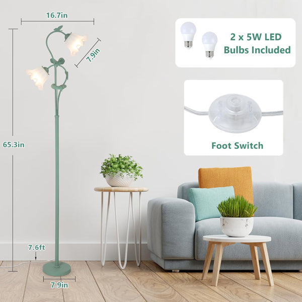 Flower Floor Lamp For Living Room, Vintage Floor Lamp With 2 LED 5W Blubs, Foot Switch, Green Standing Lamp With Acrylic Shade, Unique Floral Tall Lamp For Living Room Bedroom Corner Office