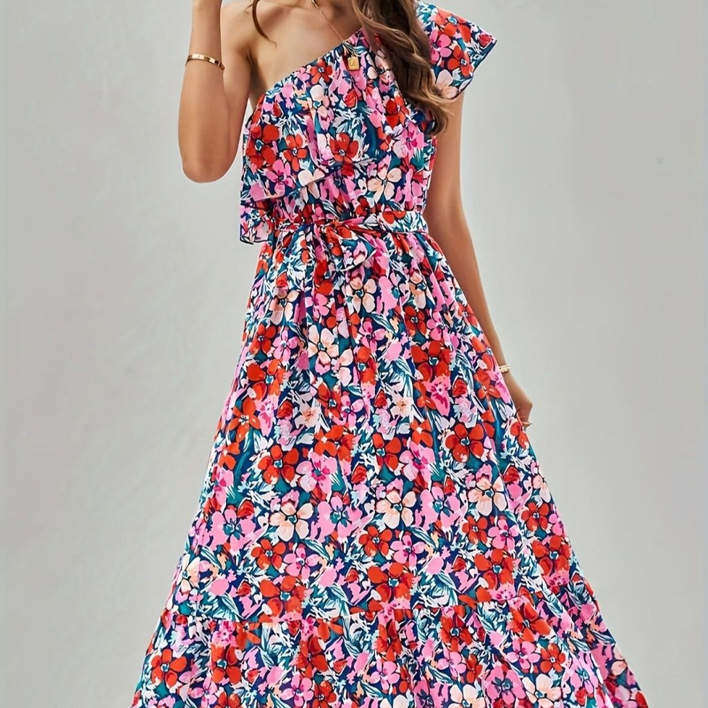 Womens Ruffle-Trimmed Strapped Off-the-Shoulder Printed Dress