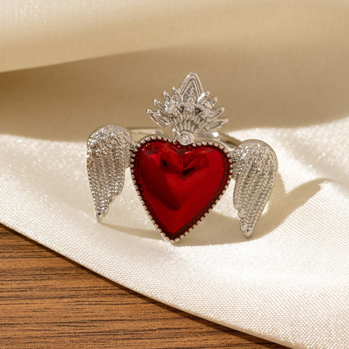 Red Heart-Shaped Oil-Drip Wing Ring