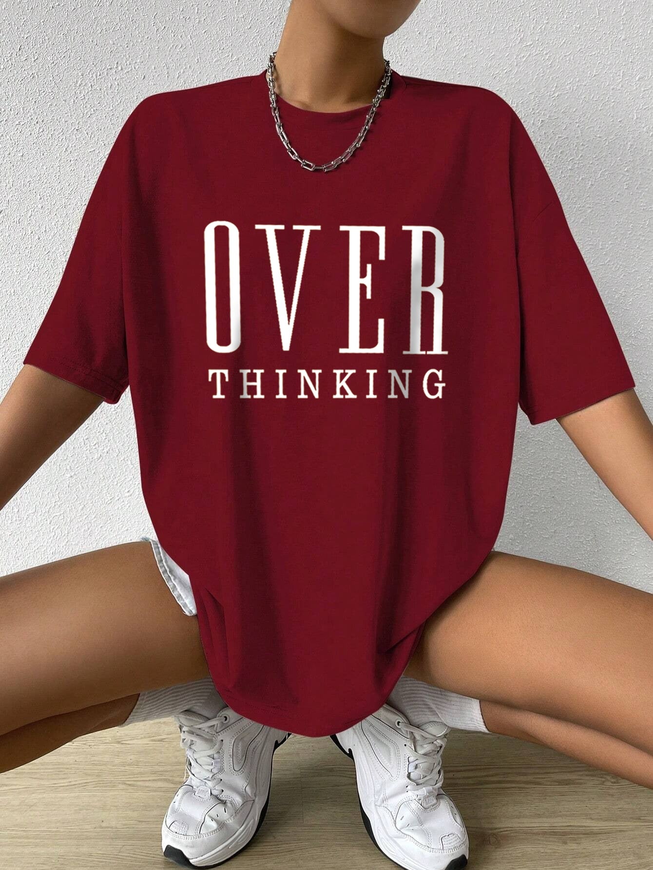 Over Thinking Letter Print Women Cotton Short Sleeve Breatha
