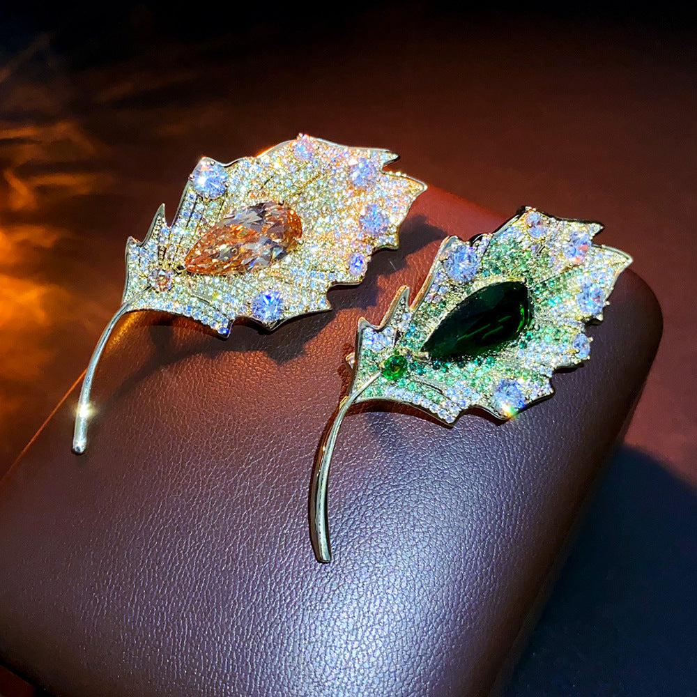 Copper Zircon Luxurious Leaf Brooch