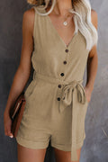Women Playsuit Summer V Neck Sleeveless Button Belt Bow Casual Jumpsuit Solid Romper Elegant Tunic Short Overalls