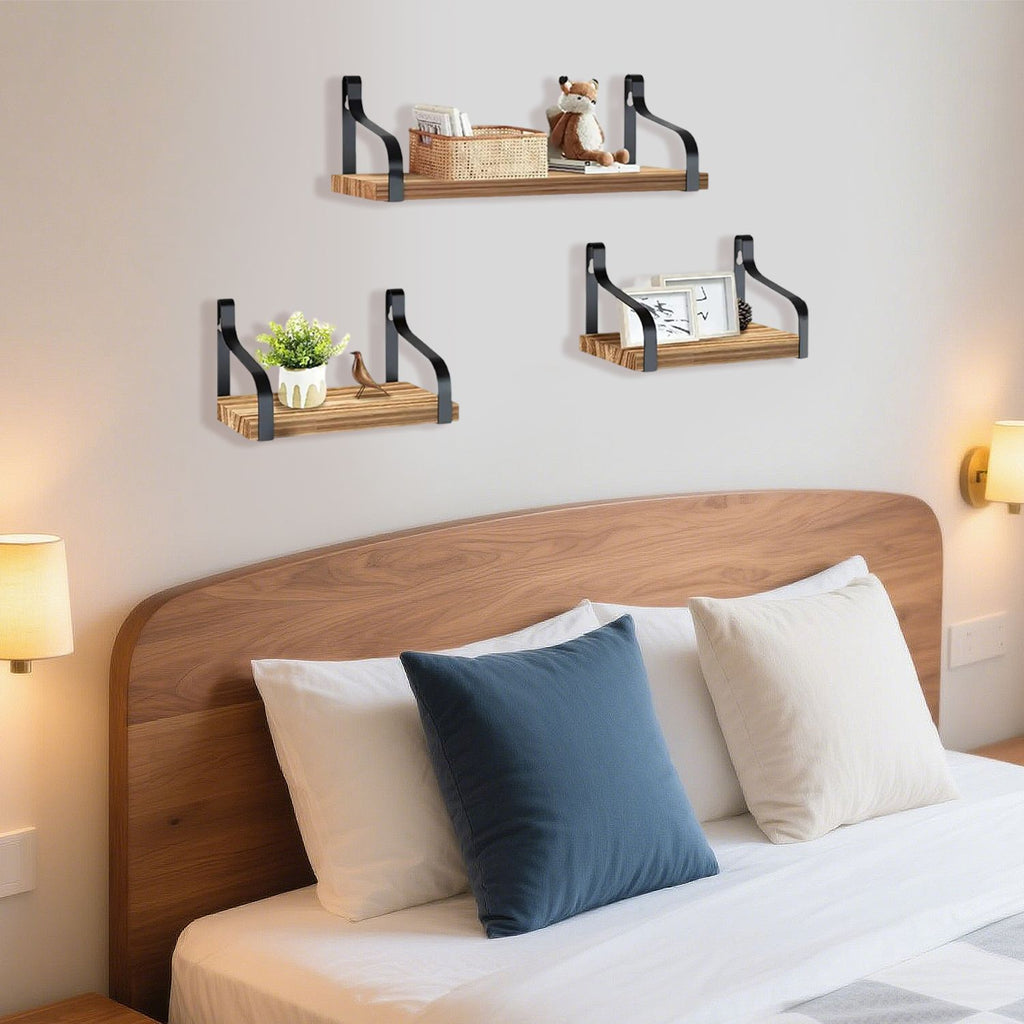 3 Pcs Wood Floating Shelves 3 Size Rustic Brown Wall Shelves Room Hanging Book Shelves Small Farmhouse Decor Wall Mounted Display For Living Room Bedroom Kitchen Bathroom Office