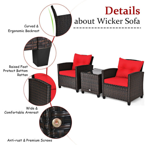 3 Pieces Rattan Patio Furniture Set With Washable Cushion