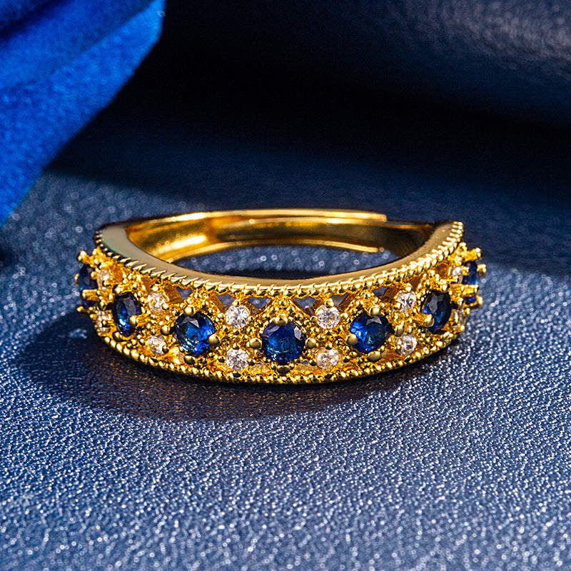 Womens Vintage Hollowed-Out Color-Diamond Open Ring