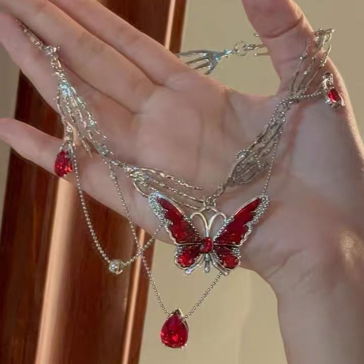 Red Dripped Glaze Butterfly Tassel Multi-Layer Necklace