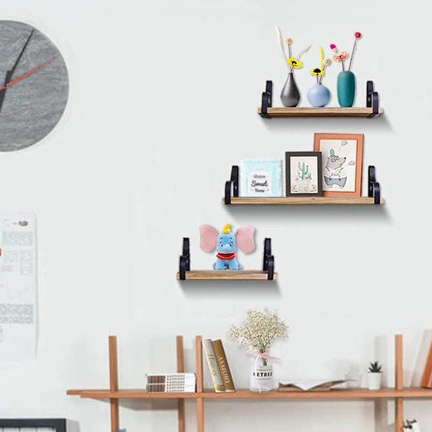 3 Pcs Wood Floating Shelves 3 Size Rustic Brown Wall Shelves Room Hanging Book Shelves Small Farmhouse Decor Wall Mounted Display For Living Room Bedroom Kitchen Bathroom Office