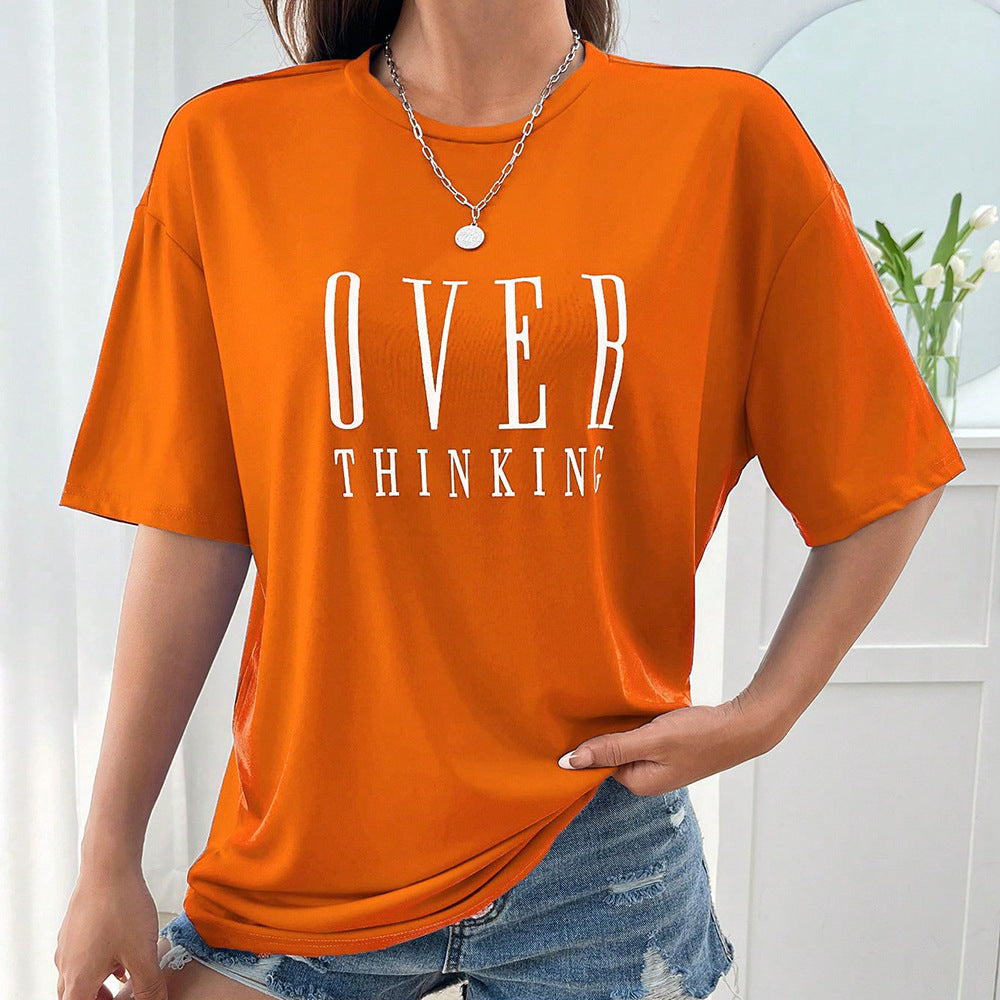 Over Thinking Letter Print Women Cotton Short Sleeve Breatha