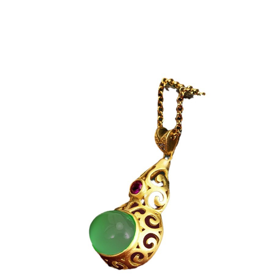 Original Chinese-style Jadeite And Sterling Silver Gourd Pendant With Traditional Gold Plating