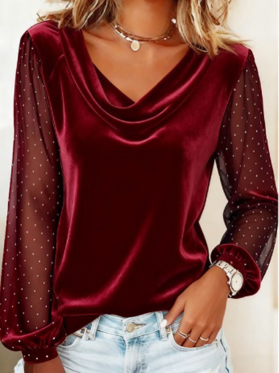 Women's Long Sleeve V-neck Velvet T-Shirt Women Elegant Diamond Mesh Sleeve Loose Tee Tops Christmas Clothes Women Shirt Red