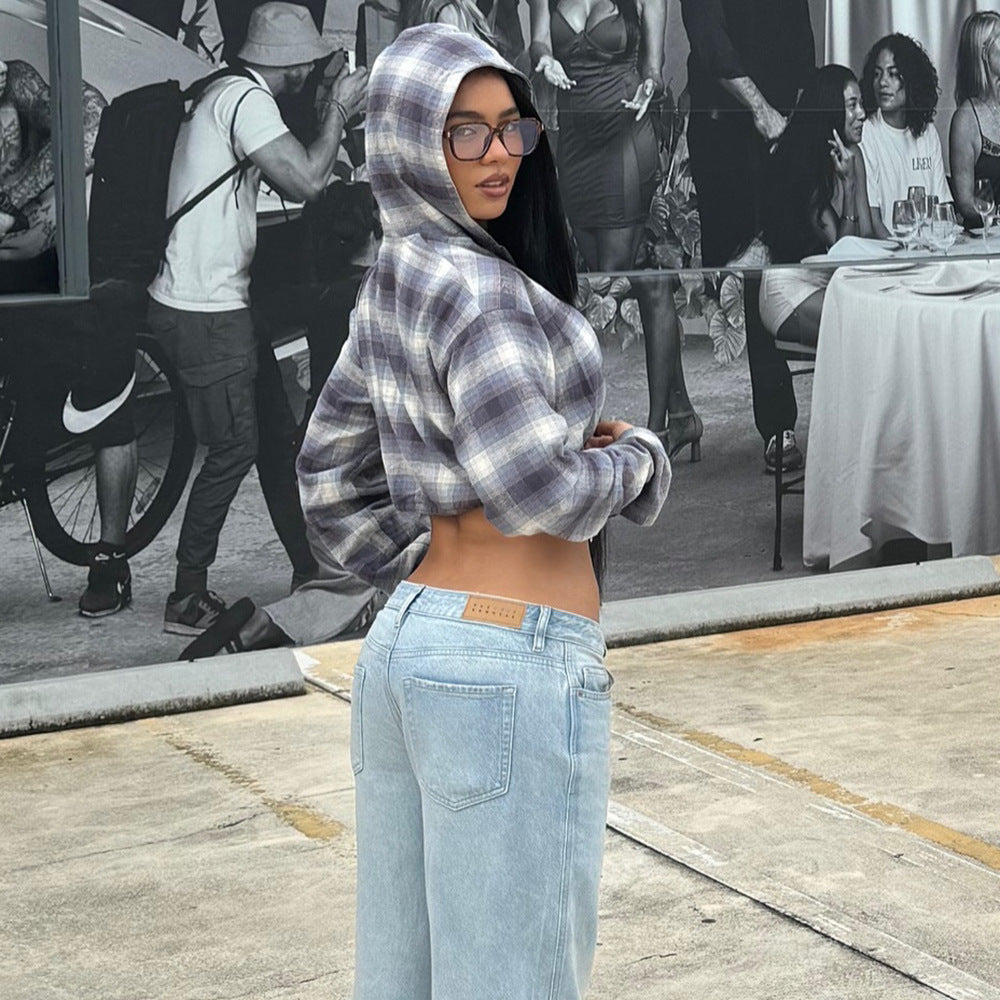 Women's Plaid Long Sleeve Hooded Short Jacket Women