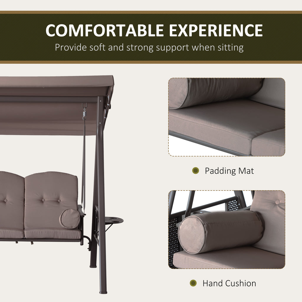 Patio Swing Bench 3-Person Steel Canopy Cushioned With Side Trays Comfortable Brown