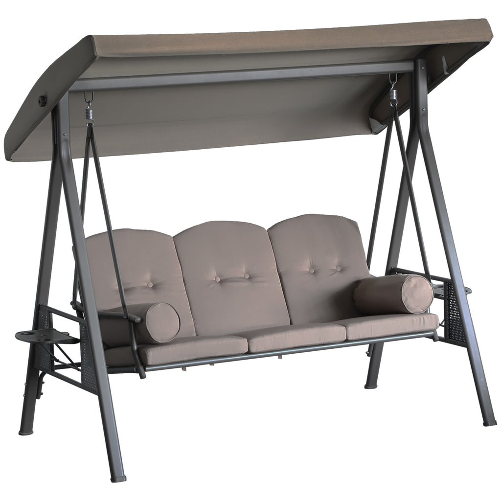 Patio Swing Bench 3-Person Steel Canopy Cushioned With Side Trays Comfortable Brown
