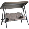 Patio Swing Bench 3-Person Steel Canopy Cushioned With Side Trays Comfortable Brown
