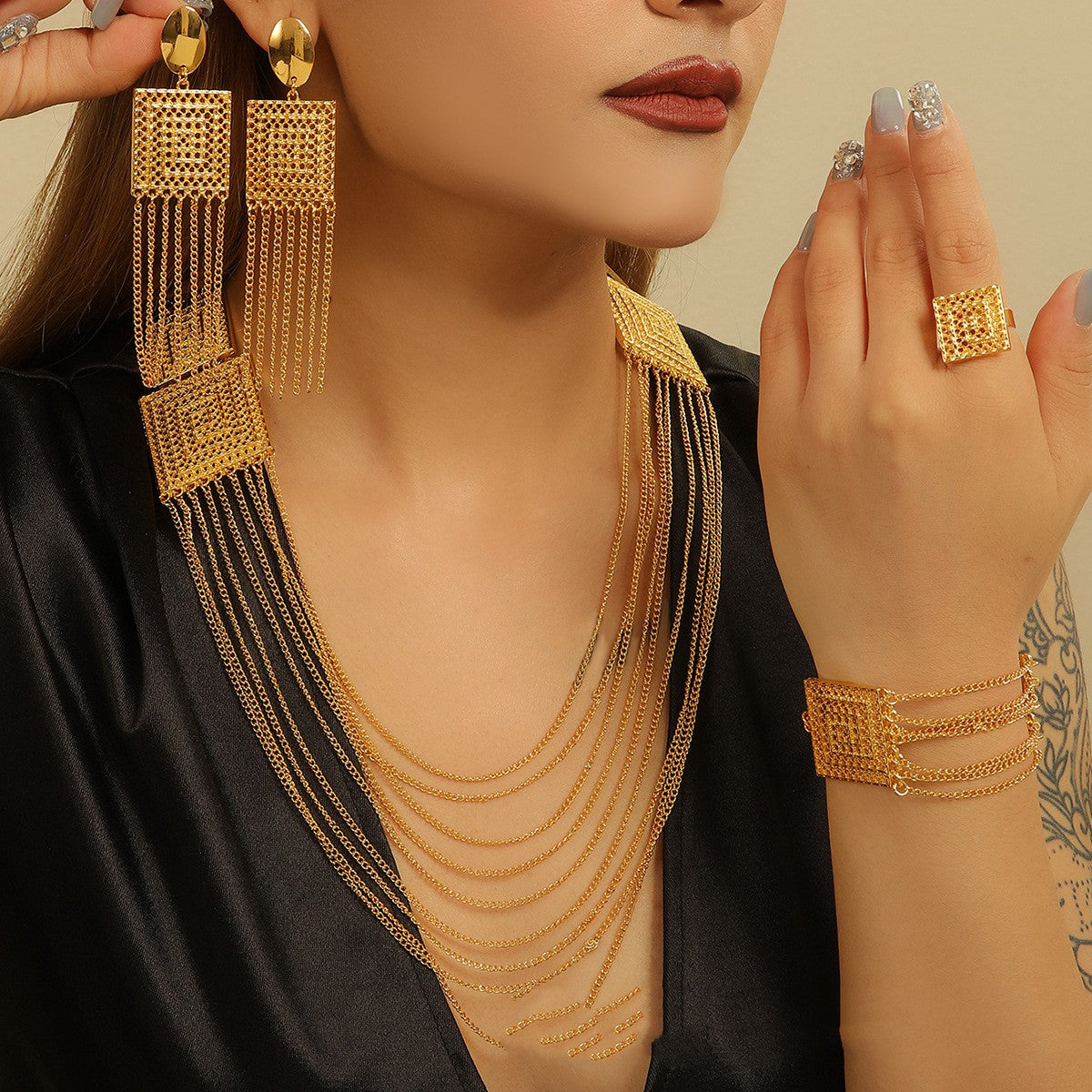 Ladies' Gold-plated Double-layer Tassel Long Necklace Set